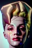 Placeholder: Ultra Realistic image, portrait, blonde woman, sweet Marylin Monroe face, perfect iris, glow eyes, gold makeup, wires attached to head. Cyberpunk style, latex coat, fog, rain, soft color, highly detailed, unreal engine 5, ray tracing, RTX, lumen lighting, ultra detail, volumetric lighting, 3d, finely drawn, high definition, high resolution.