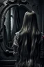 Placeholder: back view of a woman, beautiful long hair, her reflection in a mirror is an empty face, symbolism for the question "who am I", 32k, Mysterious and gothic, chaotic