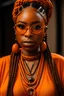 Placeholder: Black woman with braids, wearing orange wears, wearing a necklace with the all-seeing eye