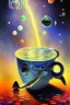 Placeholder: cup of coffee on sperm whale floating in space, monet style