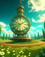 Placeholder: Create a 3d fractal base huge clock on a beautiful tower in a modern town with country houses and green field flowers , with see throgh golden gears rotating , showcasing a harmonious and synchronized movement. fast time passing in a beautiful nature environment