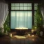 Placeholder: a gorgeous spa with gauzy curtains, dark wood floor, decorative blue-green pond, plants, candles, 8k resolution, white bean bag, high-quality, fine-detail, digital art, detailed matte, volumetric lighting, illustration, 3D octane render, brian froud, howard lyon, greg rutowski, George Grie