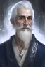 Placeholder: A fair-skinned elf. He is tall, thin, has silver hair and blue eyes. He has a thick silver beard. He has the appearance of a man of about sixty years. He wears a long tunic of blue color magician. He looks distracted and friendly. Ice particles float around him. In the image you must see at least half a bust. It must be comic-book style.