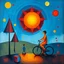 Placeholder: create a surreal whimsical cubist painting featuring two bold geometric human figures in vivid blue and fiery red-orange, accompanied by a smaller cyclist figure, abstract background with triangular trees and playful circles, a massive segmented sun-circle dominating the sky, glowing colors reflecting on the ground, detailed modern art style, dreamlike composition --ar 16:9 --v 7 --style 4b --q 2