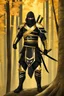 Placeholder: Black Ninja Assassin suit Golden armor,forest background