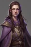 Placeholder: cahotic neutral charismatic Wood Elf Bard Female with pale skin and very sharp features, long brown hair, wearing a purple vest and brown adventurer's cloak with a smug face.