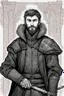 Placeholder: man, age 20, medieval, fighter, russian, croocked nose, czar, rich, simple clothes, short messy hair, thick beard, oligarch, leather coat with fur, brocade clothes, pencil drawing, black or red hair