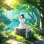 Placeholder: anime girl meditating pose, rock trees, birds, creek, very gorgeous anime girl dressed in white dress, very detailed, trees, birds flying, green trees, creek meditation pose, sitting on a rock, with rays of sun peaking through the trees, very detailed on hands and facial features, sitting in yoga meditation.