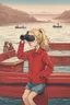 Placeholder: 23 years old girl, with blond hair and a messy bun. standing on in a red boat, wearing red clothes and looking trough binoculars watching something in the middle of the sea. You see the whole boat. You see the gril in front. It's a ferry. Wes anderson style. In front. Sarcastic