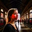 Placeholder: "lene som broderer" in big train hall, 8k, downlight, soft light, depth of field, photorealism, trending on art station, lotsa detail