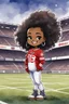 Placeholder: A sassy thick-lined watercolor cartoon image of a black chibi girl standing in front of a football stadium. She is wearing a Georgia Bulldogs football jersey with tight white jeans and timberland boots. behind her curvy body. Looking up coyly, she grins widely, showing sharp teeth. Her poofy hair forms a mane framing her confident, regal expression. Prominent makeup with hazel eyes. Hair is highly detailed.