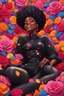 Placeholder: A sassy pop punk futurism art cartoon of a black female lounging lazily on her side, surrounded by colorful roses flower petals. Looking up coyly, she grins widely, showing teeth. Highly detailed black afro , regal expression.