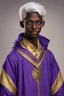 Placeholder: young boy of sixteen years old, dark skin, blue eyes, straight snow white hair, with round glasses, dressed in a purple and gold tunic