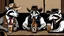 Placeholder: Anthropomorphic American badger wearing a cowboy hat and having a drink at the saloon with his other anthropomorphic animal buddies. Illustration.