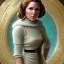 Placeholder: hyperspace background, complete and photo realistic detailed head to waist stunning photo realistic portrait of young carrie fisher as Princess Leia in star wars with photo realistic hairstyle by Mandy Jurgens and mucha and Richard Schmid and chuck close and chie yoshii, extraordinary and detailed ceremony dress of star wars,brown eyes