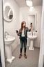 Placeholder: Generate a high-quality lifelike portrait of a {{18,21,25,28,31,34,37}}-year-old female social media inflluencer taking a cellphone selfie in the bathroom mirror. The POV should be from the perspective of the woman taking the selfie. She should have a slender body and be wearing skin-tight and very thig gym clothes. Her long black curly hair should be styled in a whimsical way. The photo should be captured using a 35mm film with a macro shot and shallow depth of field to create a bokeh effect. P