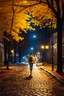 Placeholder: night yellow lights over the street trees autumn leaves under feet ,a Student adult girl with books in her hand walking in street turned back to talk to a boy walks after her few meters away her back