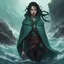 Placeholder: dungeons and dragons; human; female; warlock; the fathomless; black hair; braids; sea green eyes; cloak; scars; young; sea clothes; sea monsters; deep water