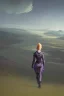 Placeholder: woman in a skin-tight spacesuit, with blond hair in a pigtail, walking towards a spaceship, back to the camera, on a path, wooded landscape in the distance, blue sky