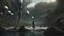 Placeholder: Wide-angle shot of a woman, standing on the right on an alien beach, with dark hair in a silver robotic catsuit, many floating aliens with long tentacles, alien jungle trees in the distance detailed matte painting, deep colour