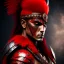 Placeholder: Barbarian anime character, animal hide armor, physically fit, tribal tattoos, scars, washboard abs, red facepaint, red hair, dark eyeshadow, intricate eyeliner, soft round eyes, beads in hair, 8k resolution, cinematic smooth, intricate details, vibrant colors, realistic details, masterpiece, oil on canvas, smokey background