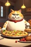 Placeholder: A fat cat having a full table of delicious food in front of him,3d animation ,funny