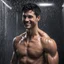 Placeholder: Hyper realistic Extremely Handsome shirtless with short black hair muscular man smiling standing in a black towel in a dark shower room