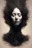 Placeholder: Tiny artistic photos forming a woman's face silhouette., 3d render, dark fantasy