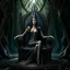 Placeholder: Morena Baccarin as a beautiful sexy dark elf queen seated elegantly on a throne in a mystical forest, dark celtic vignette frame