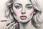 Placeholder: the artist's hand draws a portrait of a blonde woman, charcoal, pencil, pink lips, blue eyes, fine drawing, hand with a brush