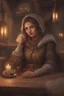 Placeholder: DnD style, medieval woman dressed in warm winter clothes sitting in a tavern