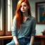 Placeholder: pretty girl, ginger, jeans, tight top, skinny, aged 13, dreamy, conventionally attractive, digital art