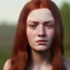 Placeholder: face of a young irish woman head and gaze downcast with fine features and long red hair