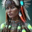 Placeholder: New Mexico pueblo Indian, pueblo Indian, 12k, ultra high definition, finely tuned detail, unreal engine 5, octane render, ultra-realistic face, realistic headdress, detailed make-up, zia, detailed turquoise jewelry, detailed hair, detailed feathers, red glowing fire background, optimism chain