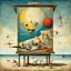 Placeholder: propaganda billboard on a beach; Yves Tanguy and Dali and Gabriel Pacheco deliver a surreal masterpiece, bright colors, sinister textures, asymmetric,