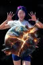 Placeholder: An image of a young Korean woman with a eyes closed expression happy, holding her hands up as if she is reacting to a catastrophic event in front of her. Film, cinematic, realistic, extreme depth of field, She is wearing a white blouse with detail, blue shorts, and sunglasses pushed up onto her head. In front of her, there is a highly detailed planet resembling Earth, dramatically cracking and breaking apart with fiery explosions and molten lava visible at the fractures.