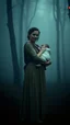 Placeholder: Vintage portrait of a beautiful woman carrying s baby standing in a misty and foggy forest background, eerie twilight lighting