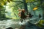 Placeholder: oil painting ,motion blur running caped long haired pixie Quickling - Forgotten Realms dodging magical fire arrows above water and along winding branches in lush green forest along speeding horses , bokeh like f/0.8, tilt-shift lens 8k, high detail, smooth render, down-light, unreal engine, prize winning