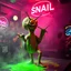 Placeholder: An "SNAIL" performing at dance club, his name is "SNAIL" and looks crazy, and green slime on stage, Neon lights and smog, "SNAIL" SIGN ON WALL