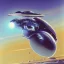 Placeholder: A spaceship that looks like a bird orbiting a chrome planet by Chris foss