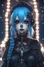 Placeholder: Close-up Portrait of a girl, skeleton face like night before Xmas, blue hair, 8k, 3d anime, goth