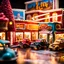 Placeholder: Close-up photograph of a diorama building, city, store, advertising, land-of-toys with detailed vintage toys made of cake-frosting and felt, strong texture, extreme detailed, movie shot, rich moody colors, sparkles, night, nightmare