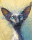 Placeholder: Create a vividly realistic visual composition to conceptually complement A whimsical, wacky Oriental shorthair chocolate point Siamese with blue eyes and a delightfully scattered and unkempt coat, sporting long strands of hair that stick out in every direction, as if electrified by static, its whiskers twitching with mischief, while its ears perk up with an air of sly secrecy, the cat's body appears to be whispering away from itself, as if its very essence is being slowly sucked out, leaving beh