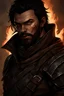 Placeholder: Create a super realistic digital artwork of a fantasy hero known as the Shadow Fighter. He is a male character with black hair and blue eyes, featuring a scar on his face and a beard. He wields two weapons that emit black flames. He is dressed in leather armor and a brown scarf covering his mouth. The background should be a burnt-down village with eerie, sinister shadows lurking around, adding a dark and ominous atmosphere. The artwork should convey a sense of mystery and danger, dark fantasy