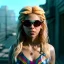 Placeholder: Shakira, artist, 30 years old, Realistic image, waist up portrait, etro style dress. Gucci sunglasses. Blonde, loose long hair, eyes make up, perfect, glow, circle iris. Neon colors, leds, geometric shapes. Dark background, neon lights. Cyberpunk, concept art, smooth, unreal engine 5, god lights, ray tracing, RTX, lumen lighting, ultra detail, volumetric lighting, 3d, finely drawn, high definition, 4k.