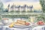 Placeholder: Brunch breakfast on an elegant table in the garden in the background, Castle on the Loire, lake, reflection, sunrise, Misty morning smooth intricate high definition beautiful lighting pencil sketch watercolor polished warm light