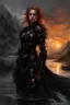 Placeholder: A formidable warrior girl in black armor, on the background Amazing gloomy landscape, flooded with sunset, mountains, trees, fabulous scary hero, , juicy emotions, painting, dark fantasy, gloomy day, dark world, portrait, by Anna Razumovskaya