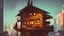 Placeholder: small Wooden European Cabin, In cyberpunk city-skyline, comic style