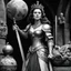 Placeholder: [bloody high res photo by Ray Harryhausen] she is a medieval queen holding her splendid sword and a globe: the sign of her power. High level of detail, he flesh is soft