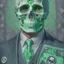 Placeholder: a head and shoulders portrait of a skeleton dressed in a three-piece suit as the president of the united states, based on us currency, united states one dollar bill, shades of green, real-life, colors match the united states one dollar bill, realistic, robotic,